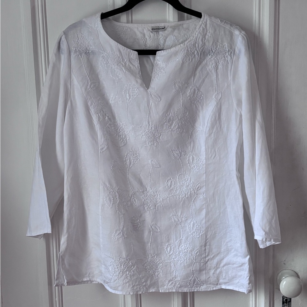 Women’s Richard Malcolm 100% Linen Long Sleeve Slit Neck Embroidered Popover XL